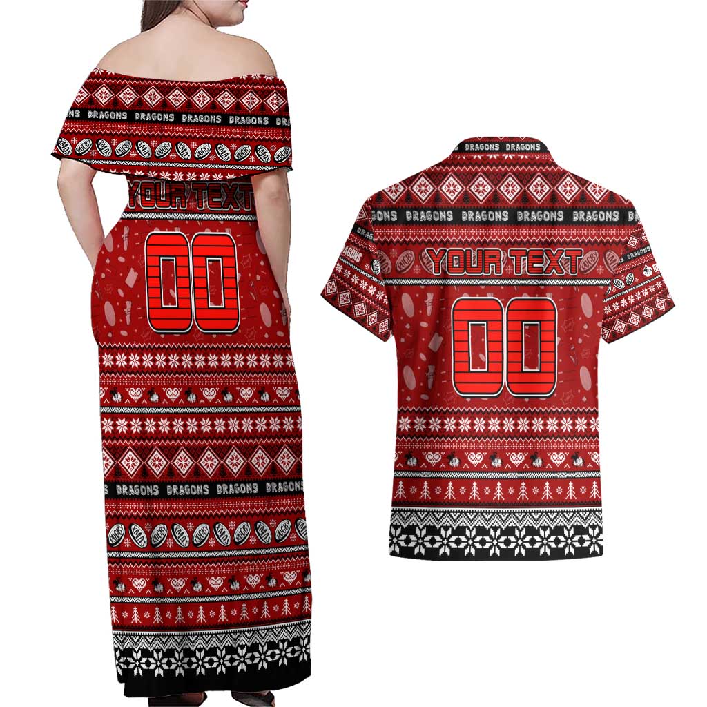 Personalized Dragons Rugby Xmas Couples Matching Off Shoulder Maxi Dress and Hawaiian Shirt Australia NRL Mascot