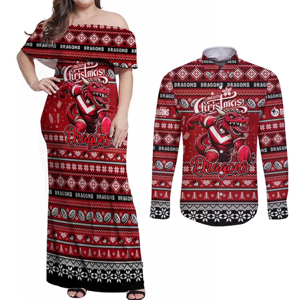 Personalized Dragons Rugby Xmas Couples Matching Off Shoulder Maxi Dress and Long Sleeve Button Shirt Australia NRL Mascot