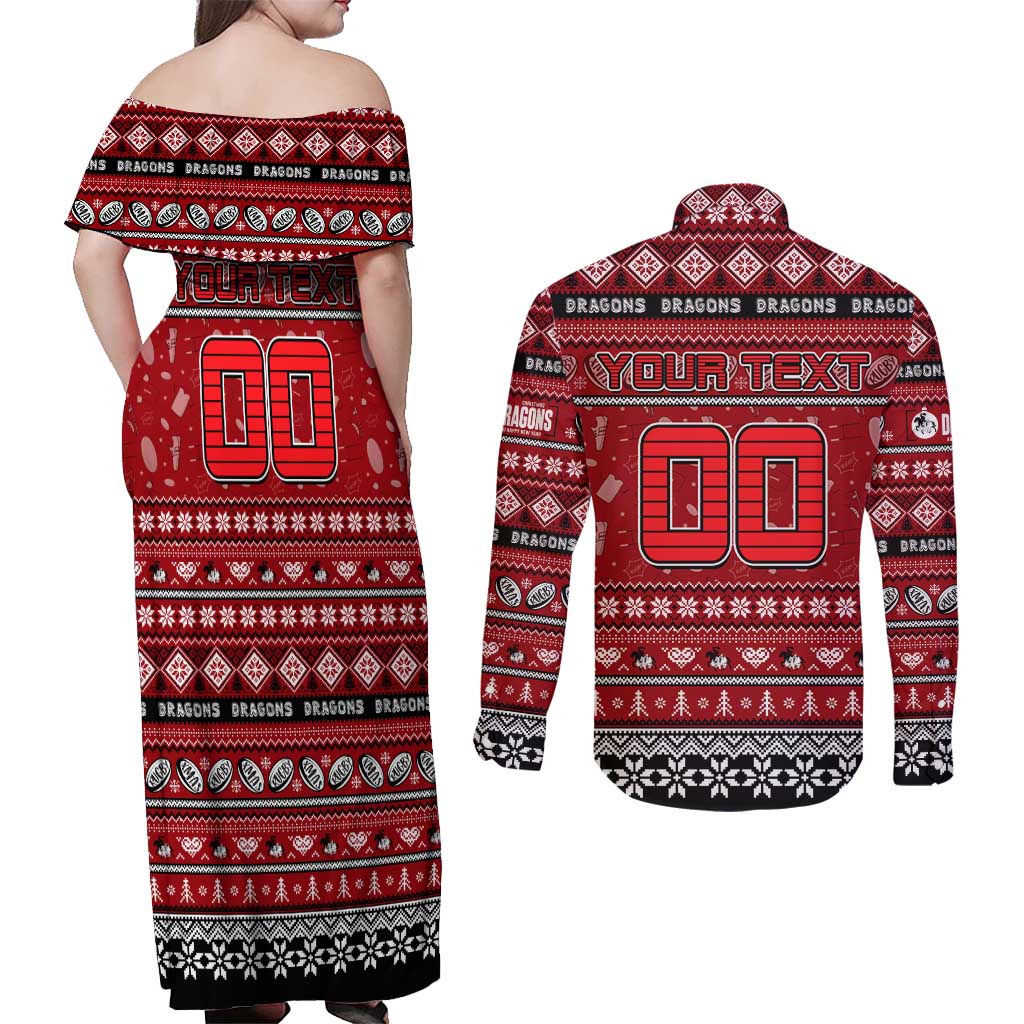 Personalized Dragons Rugby Xmas Couples Matching Off Shoulder Maxi Dress and Long Sleeve Button Shirt Australia NRL Mascot
