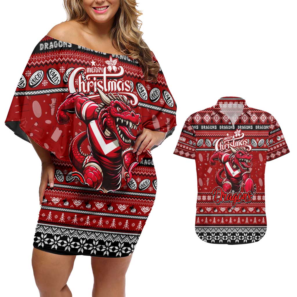 Personalized Dragons Rugby Xmas Couples Matching Off Shoulder Short Dress and Hawaiian Shirt Australia NRL Mascot