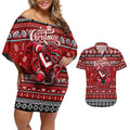 Personalized Dragons Rugby Xmas Couples Matching Off Shoulder Short Dress and Hawaiian Shirt Australia NRL Mascot