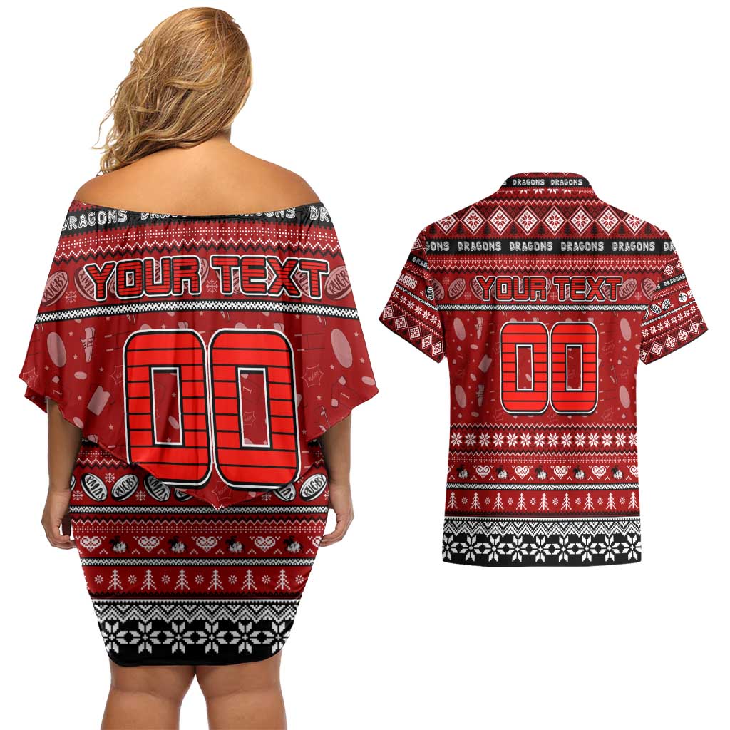 Personalized Dragons Rugby Xmas Couples Matching Off Shoulder Short Dress and Hawaiian Shirt Australia NRL Mascot