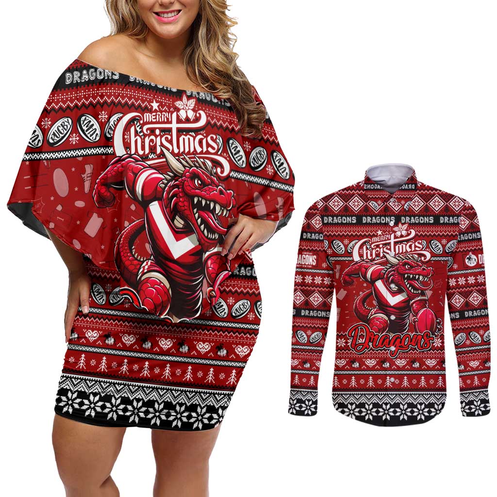 Personalized Dragons Rugby Xmas Couples Matching Off Shoulder Short Dress and Long Sleeve Button Shirt Australia NRL Mascot