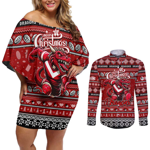 Personalized Dragons Rugby Xmas Couples Matching Off Shoulder Short Dress and Long Sleeve Button Shirt Australia NRL Mascot