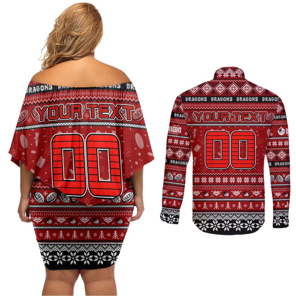 Personalized Dragons Rugby Xmas Couples Matching Off Shoulder Short Dress and Long Sleeve Button Shirt Australia NRL Mascot