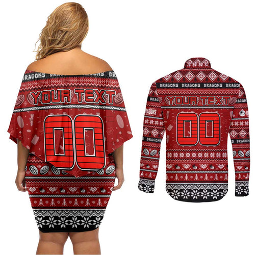 Personalized Dragons Rugby Xmas Couples Matching Off Shoulder Short Dress and Long Sleeve Button Shirt Australia NRL Mascot