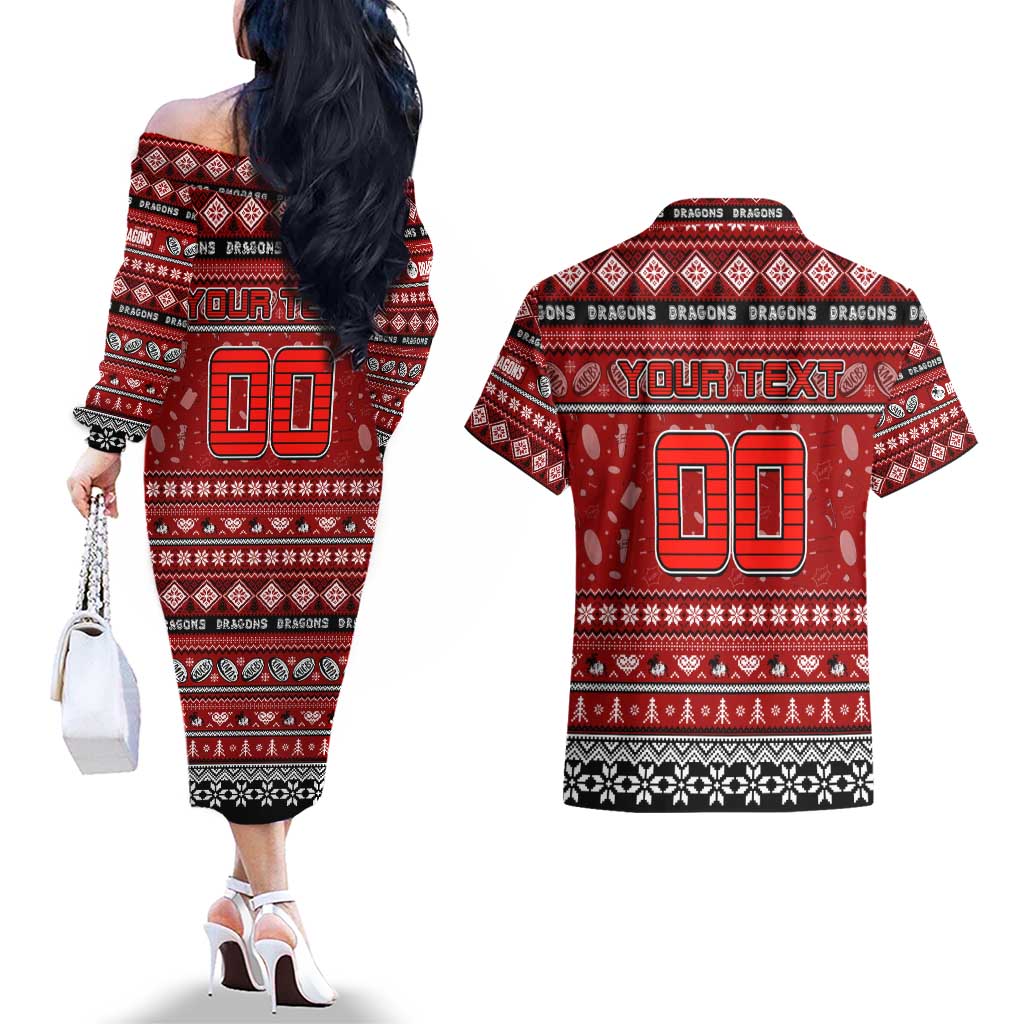 Personalized Dragons Rugby Xmas Couples Matching Off The Shoulder Long Sleeve Dress and Hawaiian Shirt Australia NRL Mascot