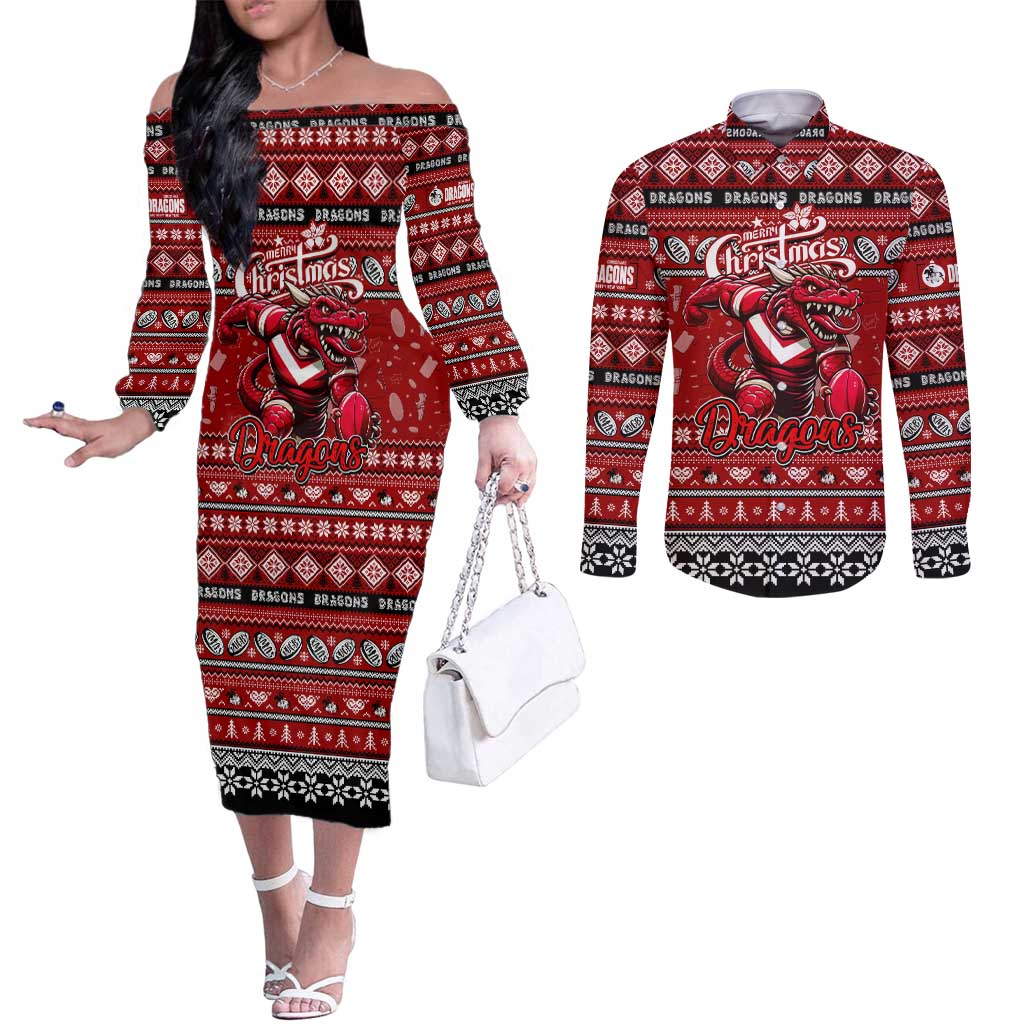 Personalized Dragons Rugby Xmas Couples Matching Off The Shoulder Long Sleeve Dress and Long Sleeve Button Shirt Australia NRL Mascot