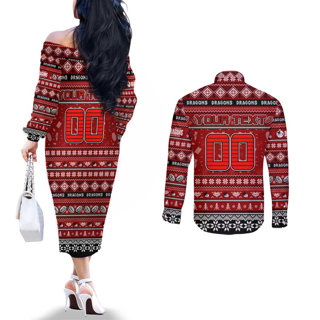 Personalized Dragons Rugby Xmas Couples Matching Off The Shoulder Long Sleeve Dress and Long Sleeve Button Shirt Australia NRL Mascot