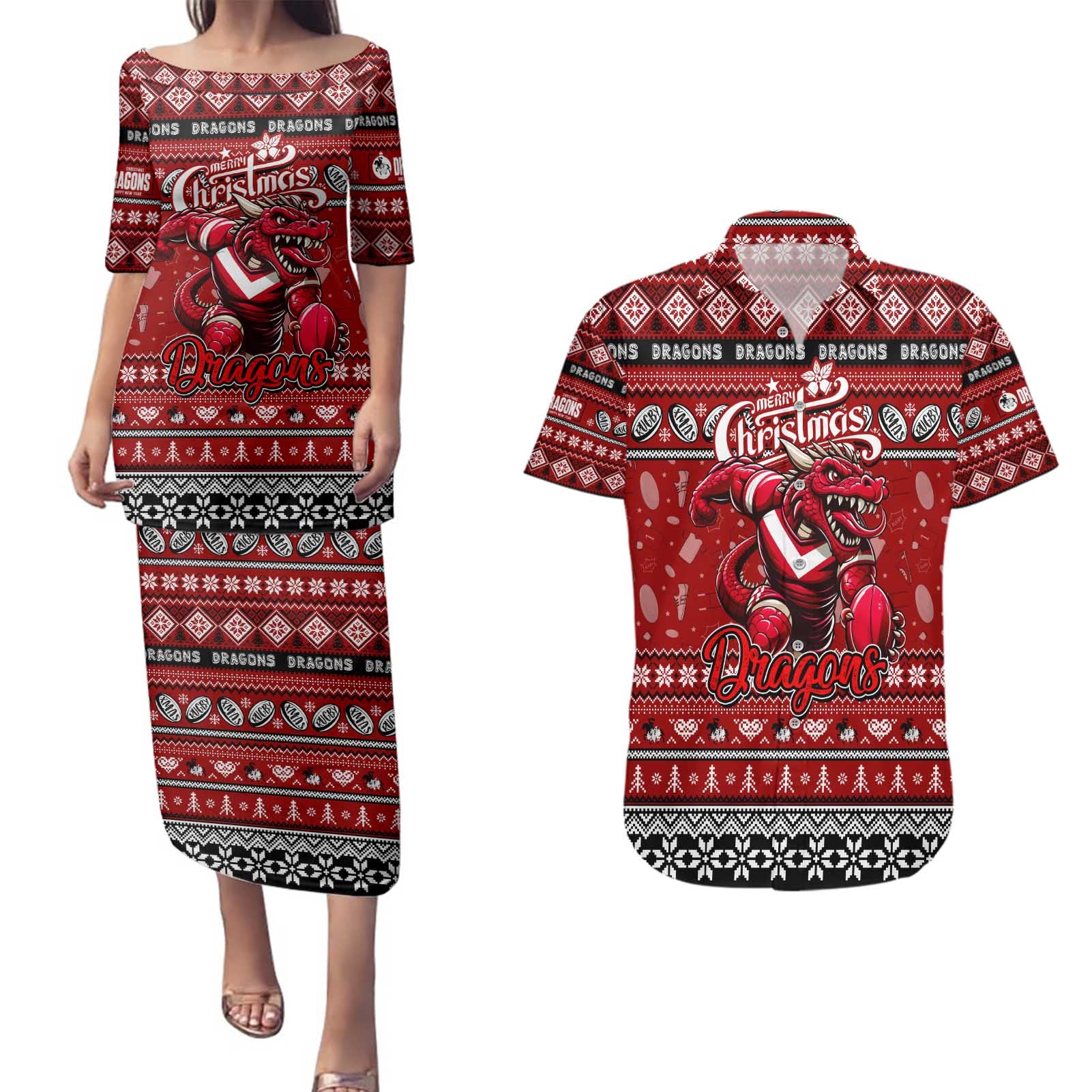 Personalized Dragons Rugby Xmas Couples Matching Puletasi and Hawaiian Shirt Australia NRL Mascot