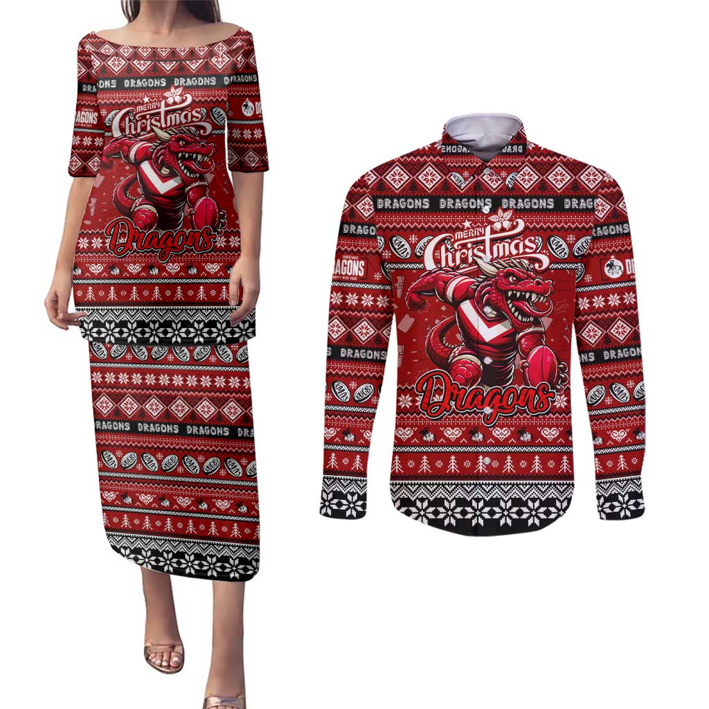 Personalized Dragons Rugby Xmas Couples Matching Puletasi and Long Sleeve Button Shirt Australia NRL Mascot