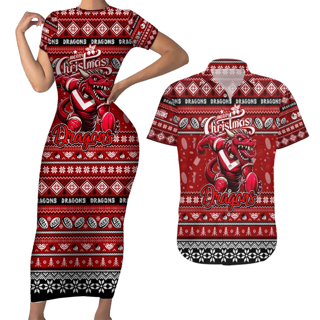Personalized Dragons Rugby Xmas Couples Matching Short Sleeve Bodycon Dress and Hawaiian Shirt Australia NRL Mascot