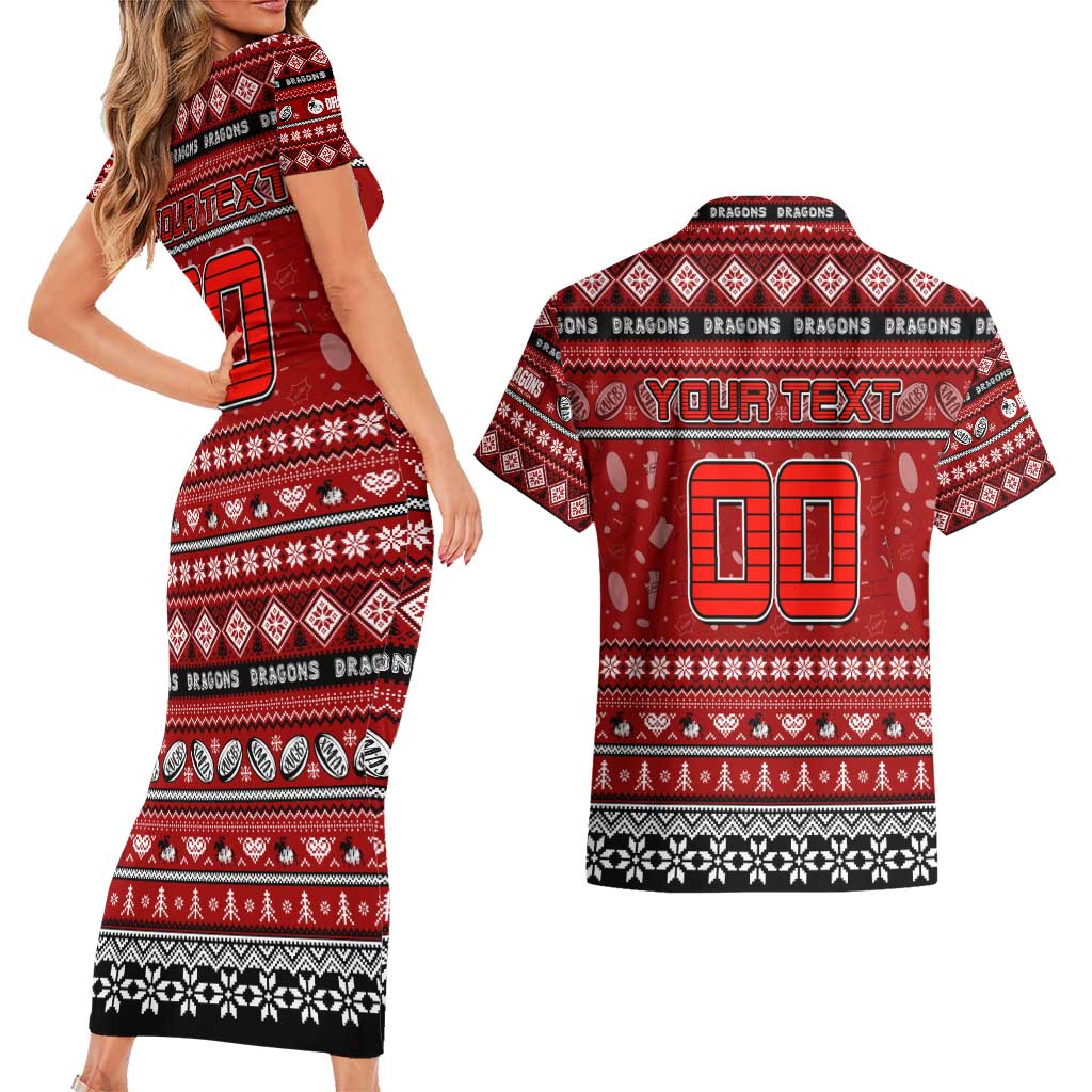 Personalized Dragons Rugby Xmas Couples Matching Short Sleeve Bodycon Dress and Hawaiian Shirt Australia NRL Mascot