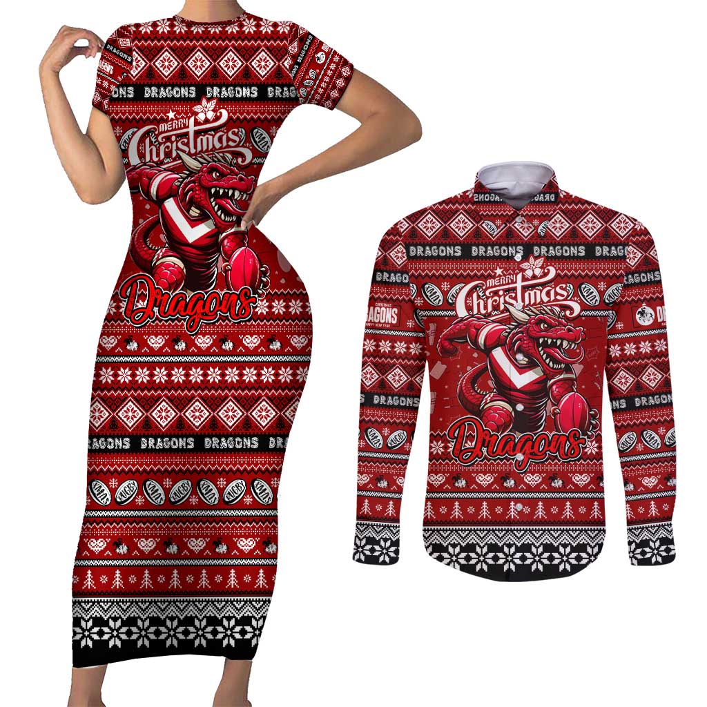 Personalized Dragons Rugby Xmas Couples Matching Short Sleeve Bodycon Dress and Long Sleeve Button Shirt Australia NRL Mascot