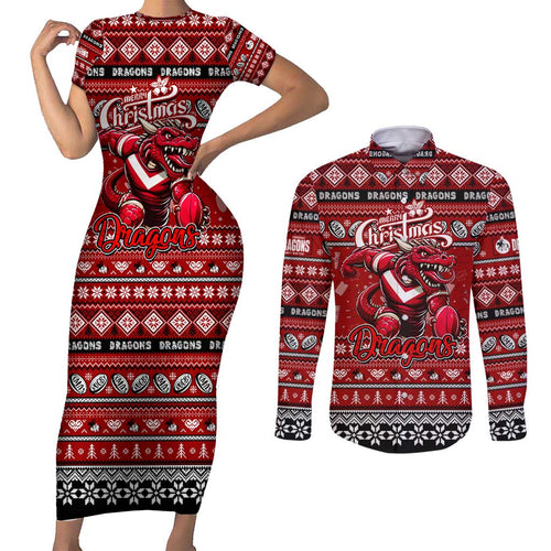 Personalized Dragons Rugby Xmas Couples Matching Short Sleeve Bodycon Dress and Long Sleeve Button Shirt Australia NRL Mascot