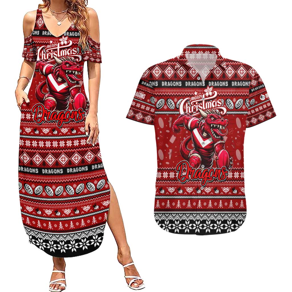 Personalized Dragons Rugby Xmas Couples Matching Summer Maxi Dress and Hawaiian Shirt Australia NRL Mascot