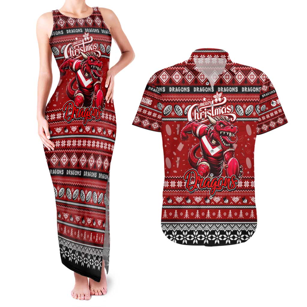 Personalized Dragons Rugby Xmas Couples Matching Tank Maxi Dress and Hawaiian Shirt Australia NRL Mascot