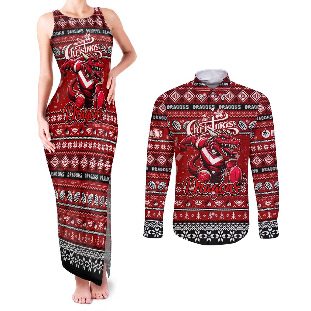 Personalized Dragons Rugby Xmas Couples Matching Tank Maxi Dress and Long Sleeve Button Shirt Australia NRL Mascot