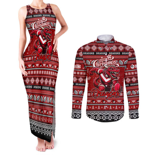 Personalized Dragons Rugby Xmas Couples Matching Tank Maxi Dress and Long Sleeve Button Shirt Australia NRL Mascot