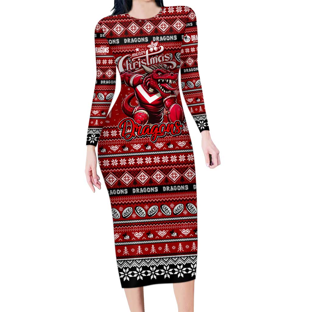 Personalized Dragons Rugby Xmas Family Matching Long Sleeve Bodycon Dress and Hawaiian Shirt Australia NRL Mascot