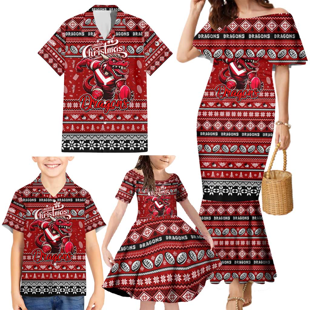 Personalized Dragons Rugby Xmas Family Matching Mermaid Dress and Hawaiian Shirt Australia NRL Mascot
