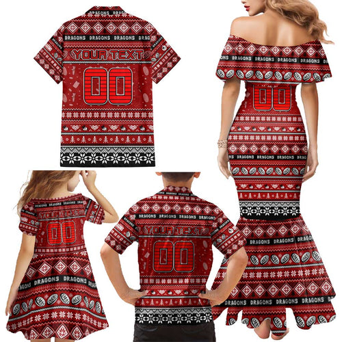 Personalized Dragons Rugby Xmas Family Matching Mermaid Dress and Hawaiian Shirt Australia NRL Mascot