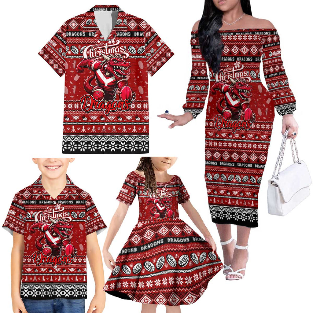 Personalized Dragons Rugby Xmas Family Matching Off The Shoulder Long Sleeve Dress and Hawaiian Shirt Australia NRL Mascot