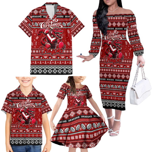 Personalized Dragons Rugby Xmas Family Matching Off The Shoulder Long Sleeve Dress and Hawaiian Shirt Australia NRL Mascot