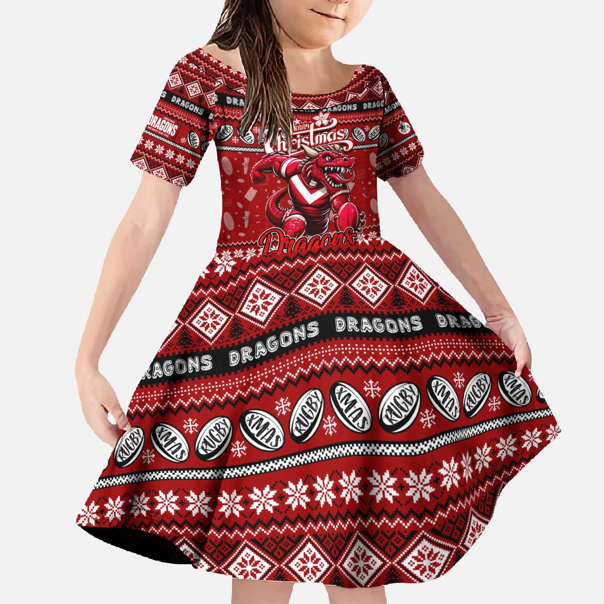 Personalized Dragons Rugby Xmas Family Matching Off The Shoulder Long Sleeve Dress and Hawaiian Shirt Australia NRL Mascot