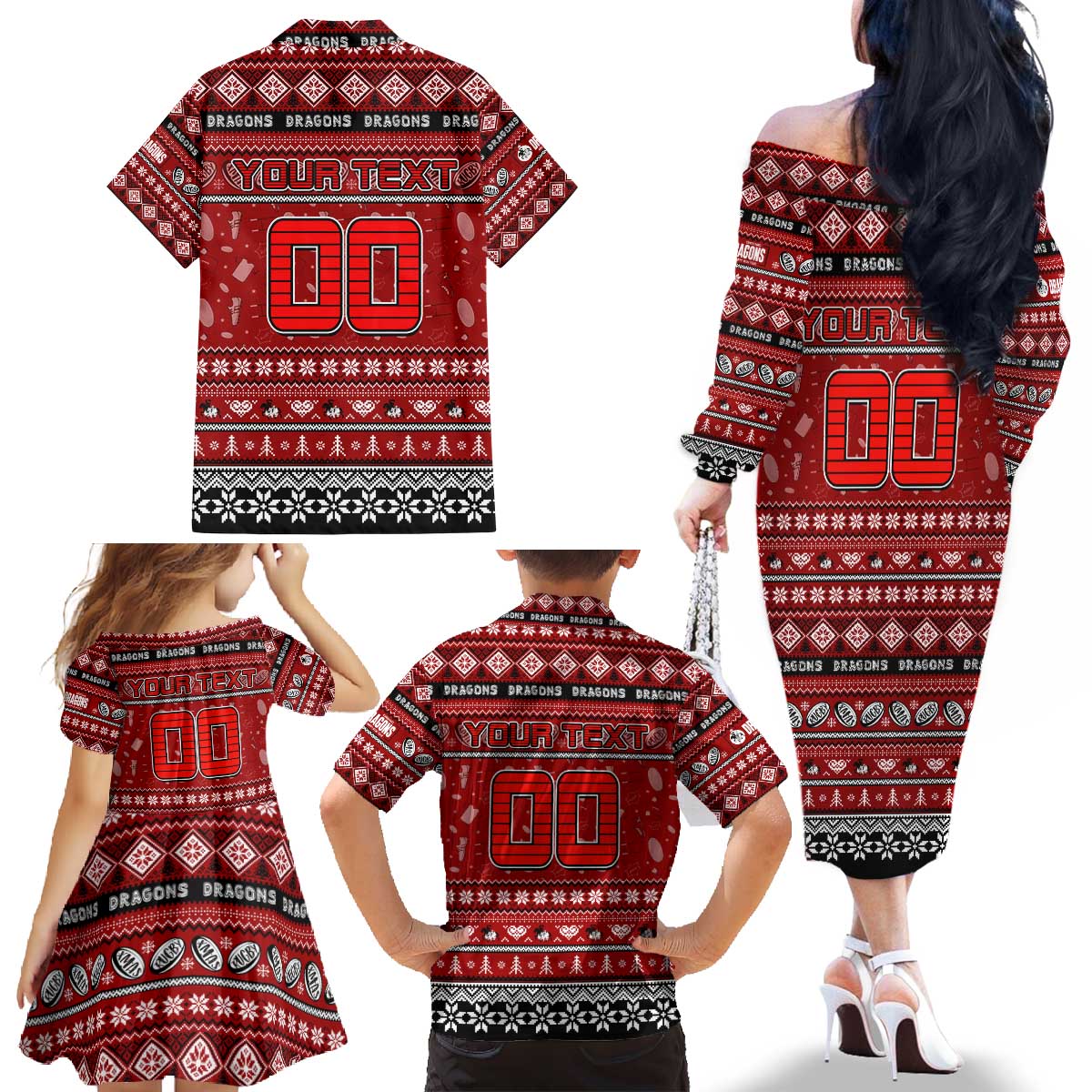 Personalized Dragons Rugby Xmas Family Matching Off The Shoulder Long Sleeve Dress and Hawaiian Shirt Australia NRL Mascot