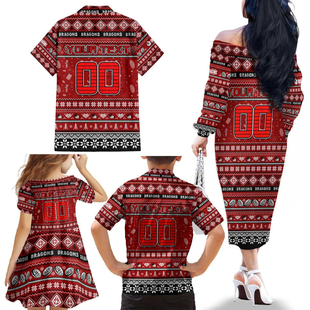 Personalized Dragons Rugby Xmas Family Matching Off The Shoulder Long Sleeve Dress and Hawaiian Shirt Australia NRL Mascot