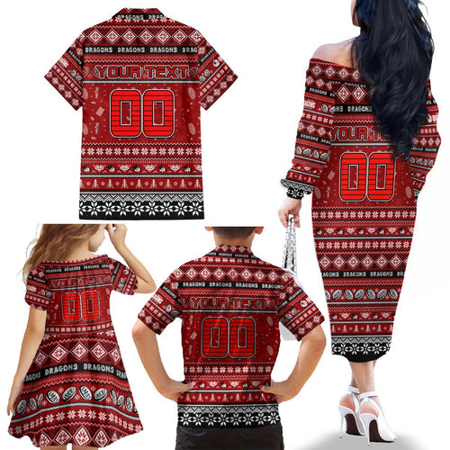 Personalized Dragons Rugby Xmas Family Matching Off The Shoulder Long Sleeve Dress and Hawaiian Shirt Australia NRL Mascot