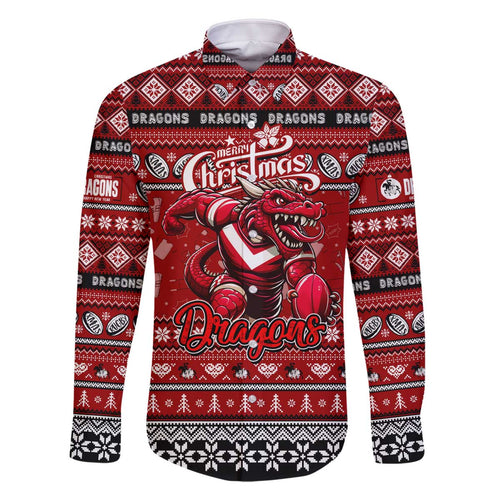 Personalized Dragons Rugby Xmas Family Matching Off The Shoulder Long Sleeve Dress and Hawaiian Shirt Australia NRL Mascot