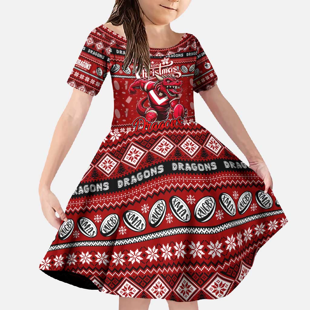 Personalized Dragons Rugby Xmas Family Matching Off Shoulder Maxi Dress and Hawaiian Shirt Australia NRL Mascot