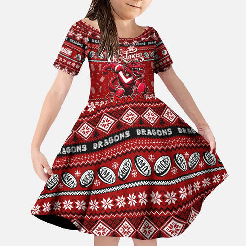 Personalized Dragons Rugby Xmas Family Matching Off Shoulder Maxi Dress and Hawaiian Shirt Australia NRL Mascot