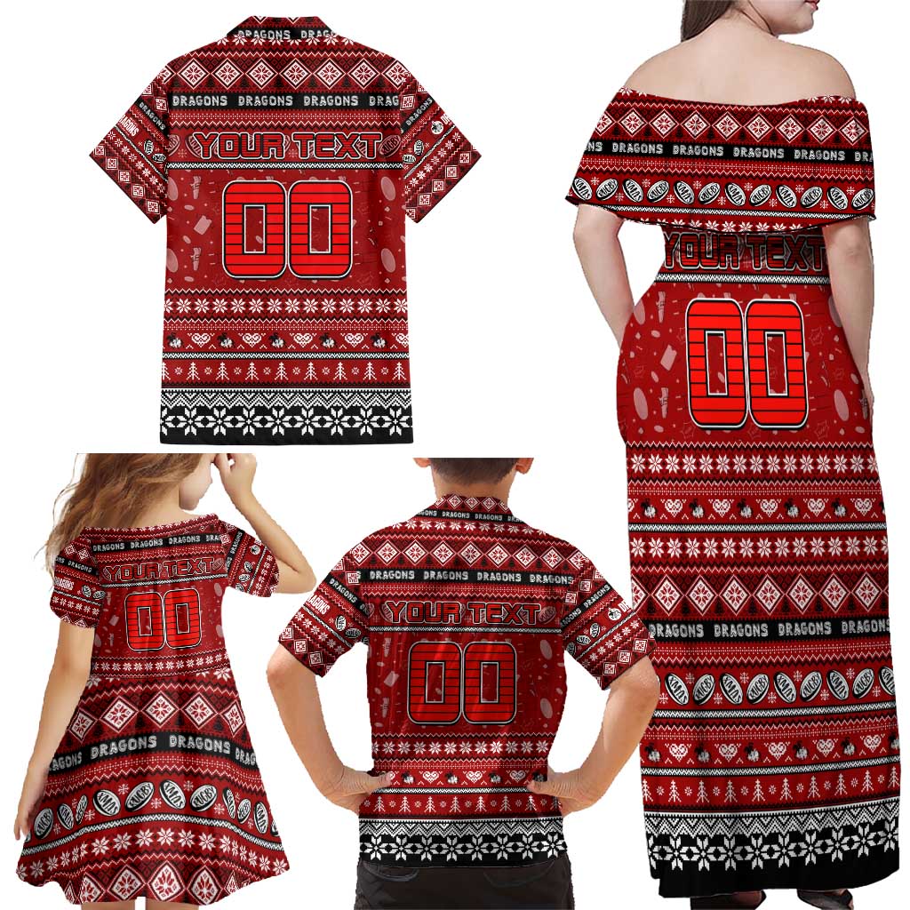 Personalized Dragons Rugby Xmas Family Matching Off Shoulder Maxi Dress and Hawaiian Shirt Australia NRL Mascot