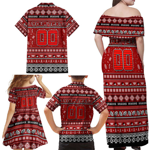 Personalized Dragons Rugby Xmas Family Matching Off Shoulder Maxi Dress and Hawaiian Shirt Australia NRL Mascot