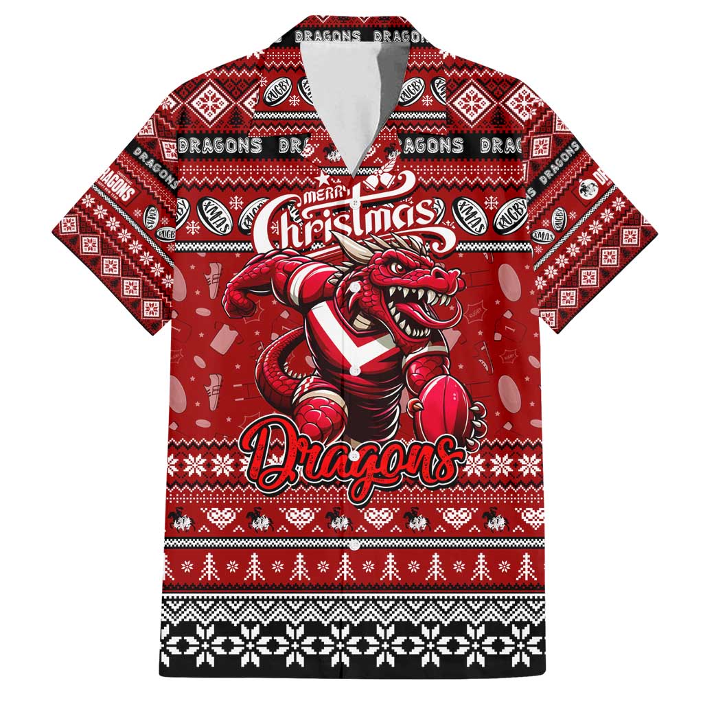 Personalized Dragons Rugby Xmas Family Matching Off Shoulder Maxi Dress and Hawaiian Shirt Australia NRL Mascot