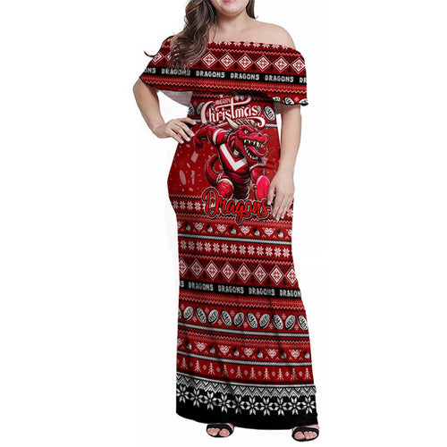 Personalized Dragons Rugby Xmas Family Matching Off Shoulder Maxi Dress and Hawaiian Shirt Australia NRL Mascot