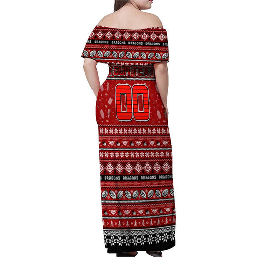 Personalized Dragons Rugby Xmas Family Matching Off Shoulder Maxi Dress and Hawaiian Shirt Australia NRL Mascot