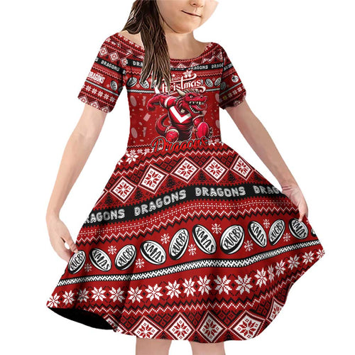 Personalized Dragons Rugby Xmas Family Matching Off Shoulder Short Dress and Hawaiian Shirt Australia NRL Mascot