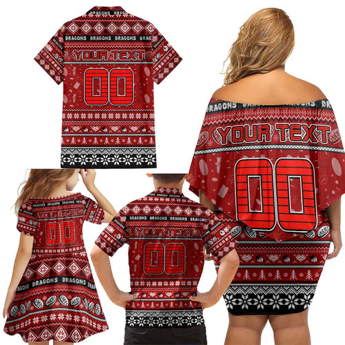 Personalized Dragons Rugby Xmas Family Matching Off Shoulder Short Dress and Hawaiian Shirt Australia NRL Mascot