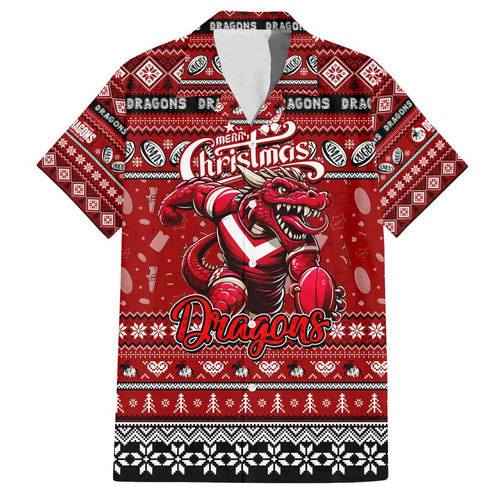 Personalized Dragons Rugby Xmas Family Matching Off Shoulder Short Dress and Hawaiian Shirt Australia NRL Mascot