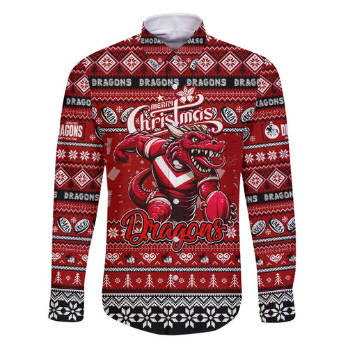 Personalized Dragons Rugby Xmas Family Matching Off Shoulder Short Dress and Hawaiian Shirt Australia NRL Mascot