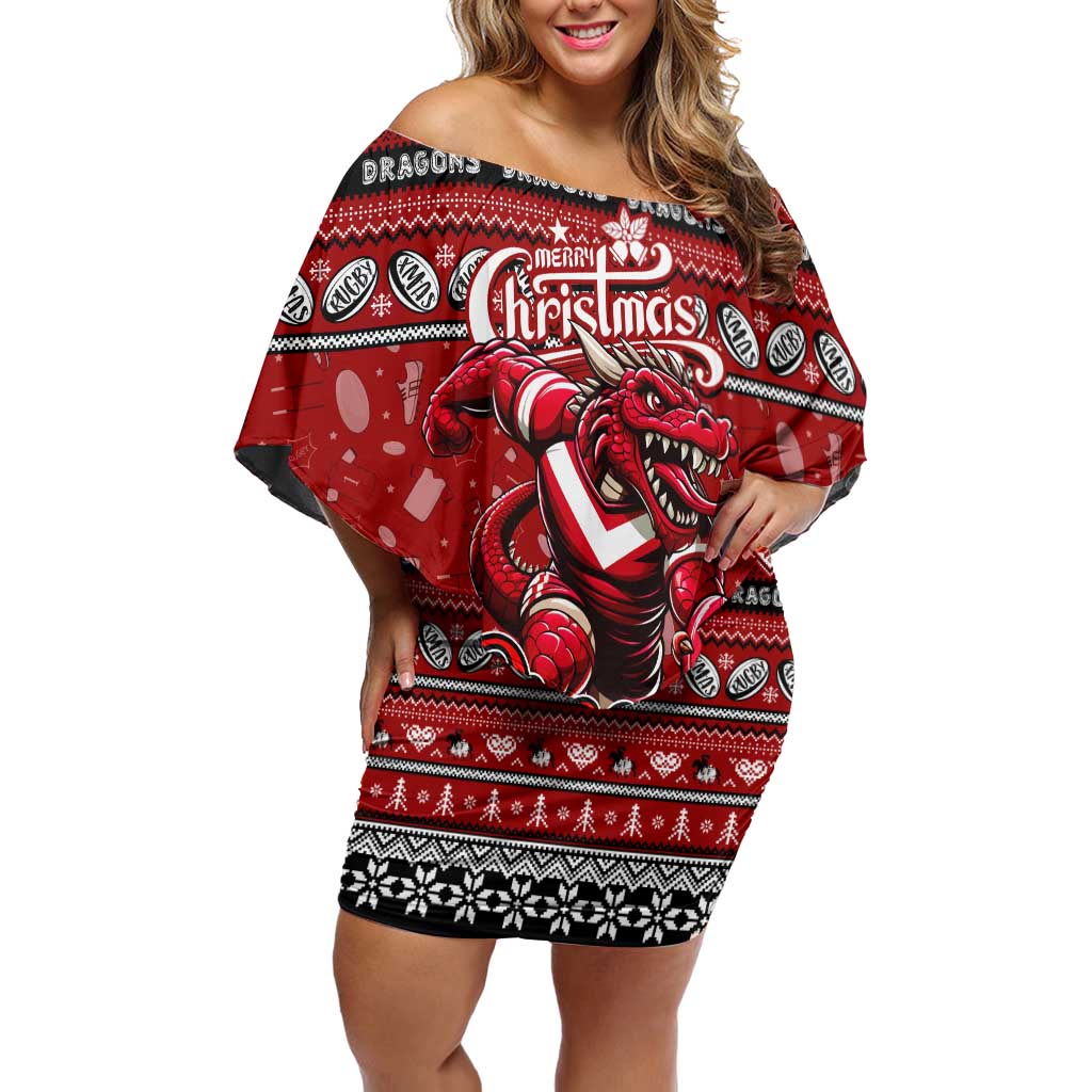 Personalized Dragons Rugby Xmas Family Matching Off Shoulder Short Dress and Hawaiian Shirt Australia NRL Mascot