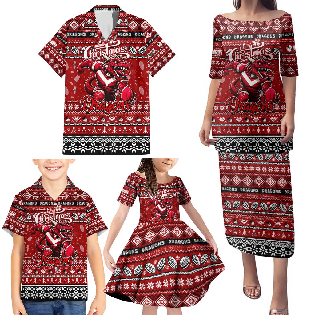Personalized Dragons Rugby Xmas Family Matching Puletasi and Hawaiian Shirt Australia NRL Mascot