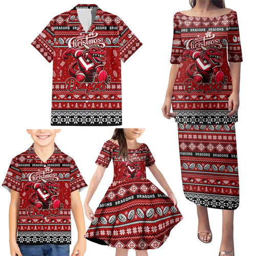 Personalized Dragons Rugby Xmas Family Matching Puletasi and Hawaiian Shirt Australia NRL Mascot