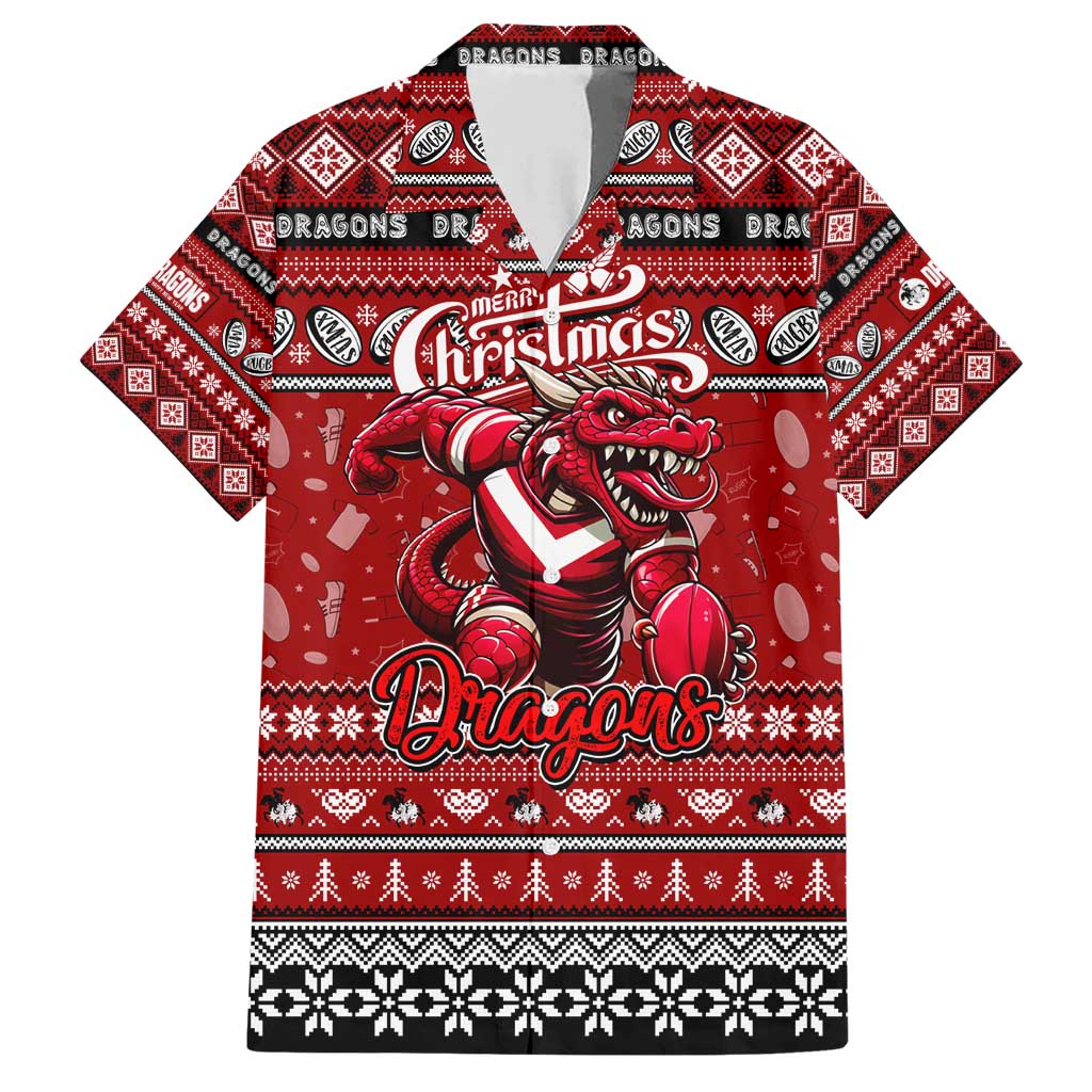 Personalized Dragons Rugby Xmas Family Matching Short Sleeve Bodycon Dress and Hawaiian Shirt Australia NRL Mascot