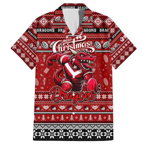 Personalized Dragons Rugby Xmas Family Matching Short Sleeve Bodycon Dress and Hawaiian Shirt Australia NRL Mascot