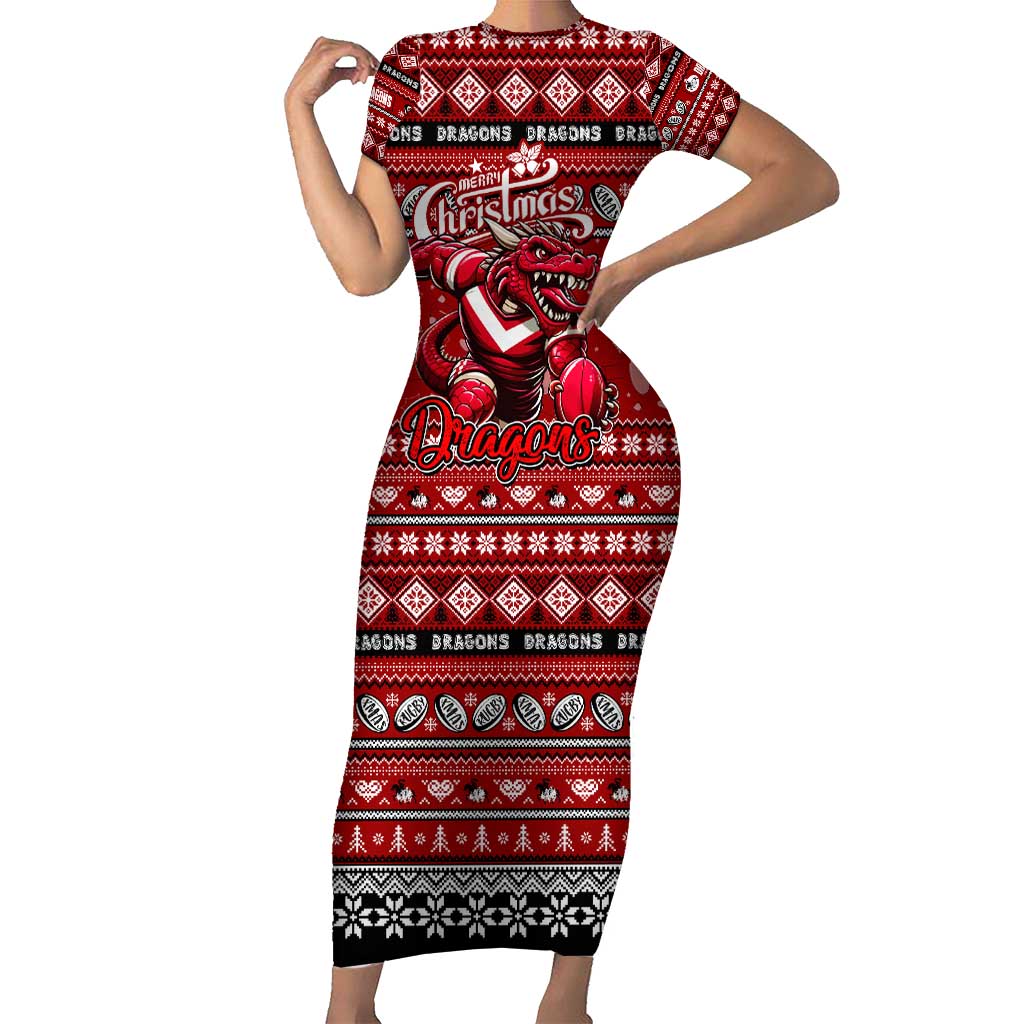 Personalized Dragons Rugby Xmas Family Matching Short Sleeve Bodycon Dress and Hawaiian Shirt Australia NRL Mascot